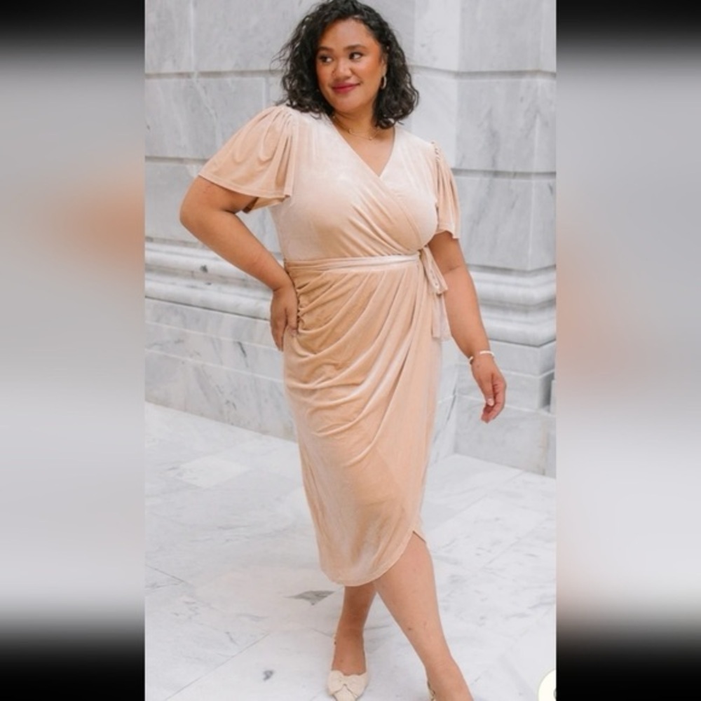 Ivy City Co. Lillie Dress in Champagne Velvet Faux Wrap Tie‎ Waist Modest Size S